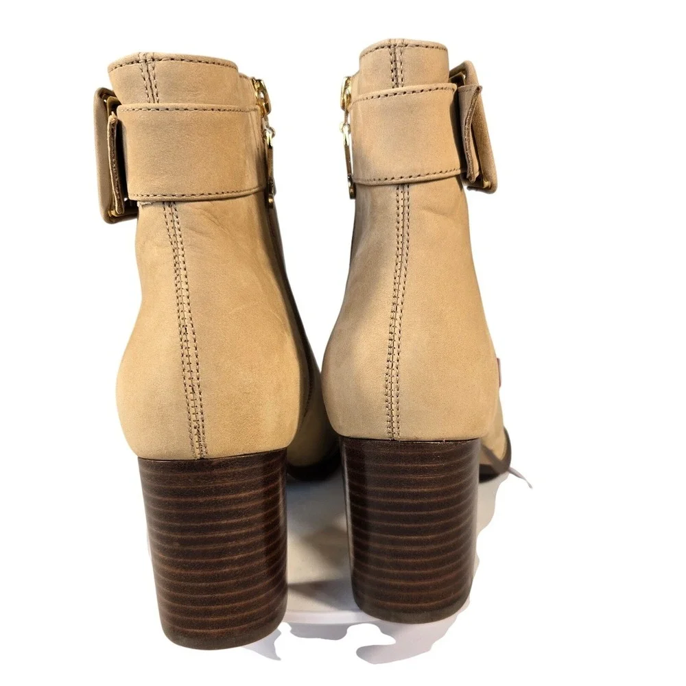 Marc Joseph New York Tan Suede Buckle Ankle Boots Womens 10.5 Block Heel Zipper